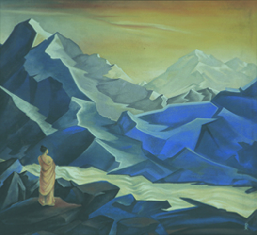 Nicholas Konstantinovitch Roerich (1874-1947), ‘Monk in Himalaya series,’ tempera and pastel on canvas, signed with the artists monogram (in Russian) lower right, 32 3/4 inches x 36 inches. Estimate: $271,750-$326,100. Image courtesy of Bid & Hammer.